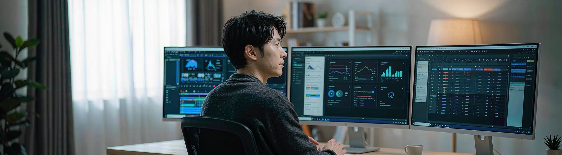 一人公司工作台全景：一名创业者面对多屏 AI 工作流，屏幕上是内容生产与客户数据看板