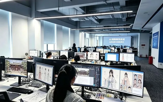 AI 漫剧制作实训课堂，屏幕上为古风角色三视图