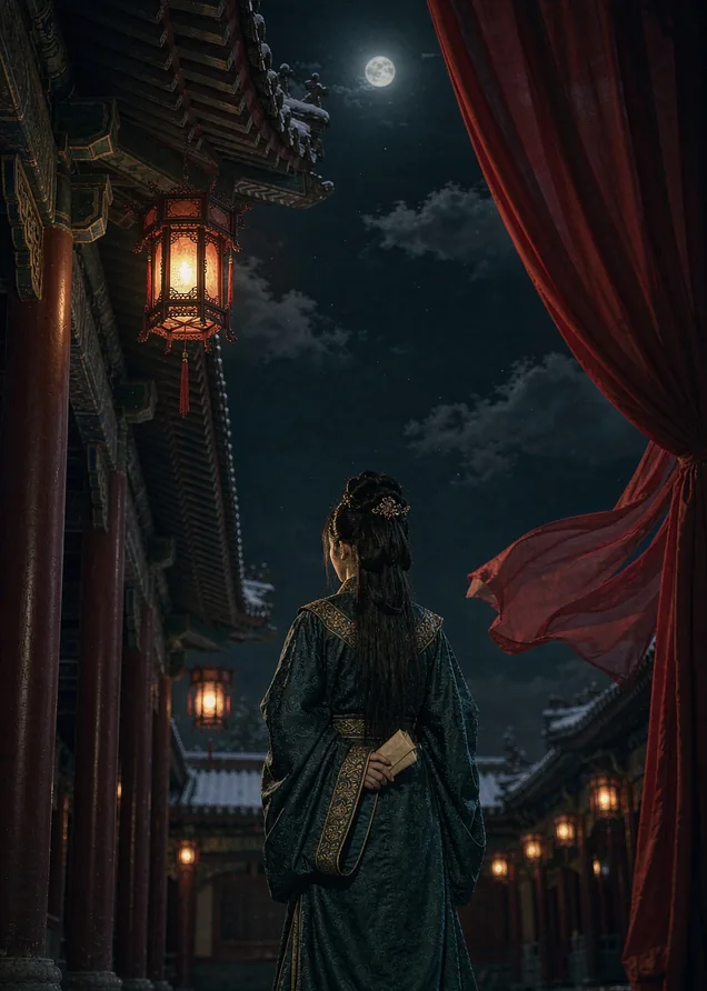 国风古装女子背影立于夜巷灯笼下，红帘半垂，权谋剧质感
