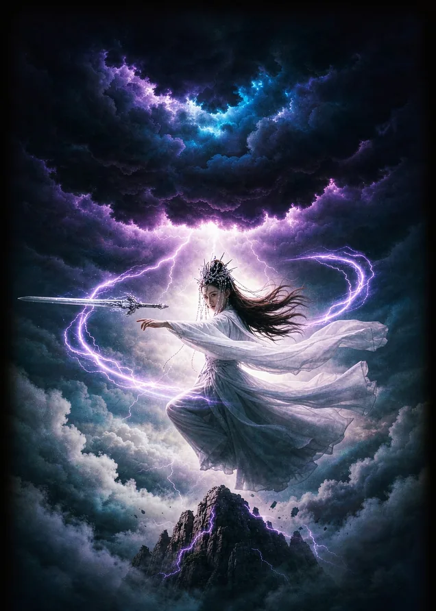云海之上，持剑女修在紫色雷电与星芒中凌空而立，仙侠玄幻场面