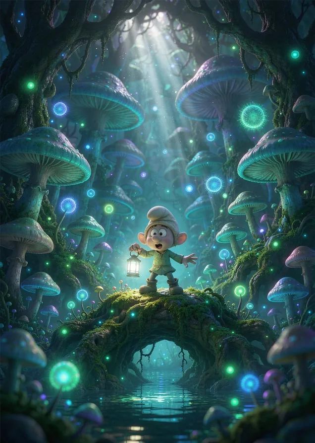 荧光蘑菇森林中，小精灵提着微光站在溪流石桥上，三维动画电影质感